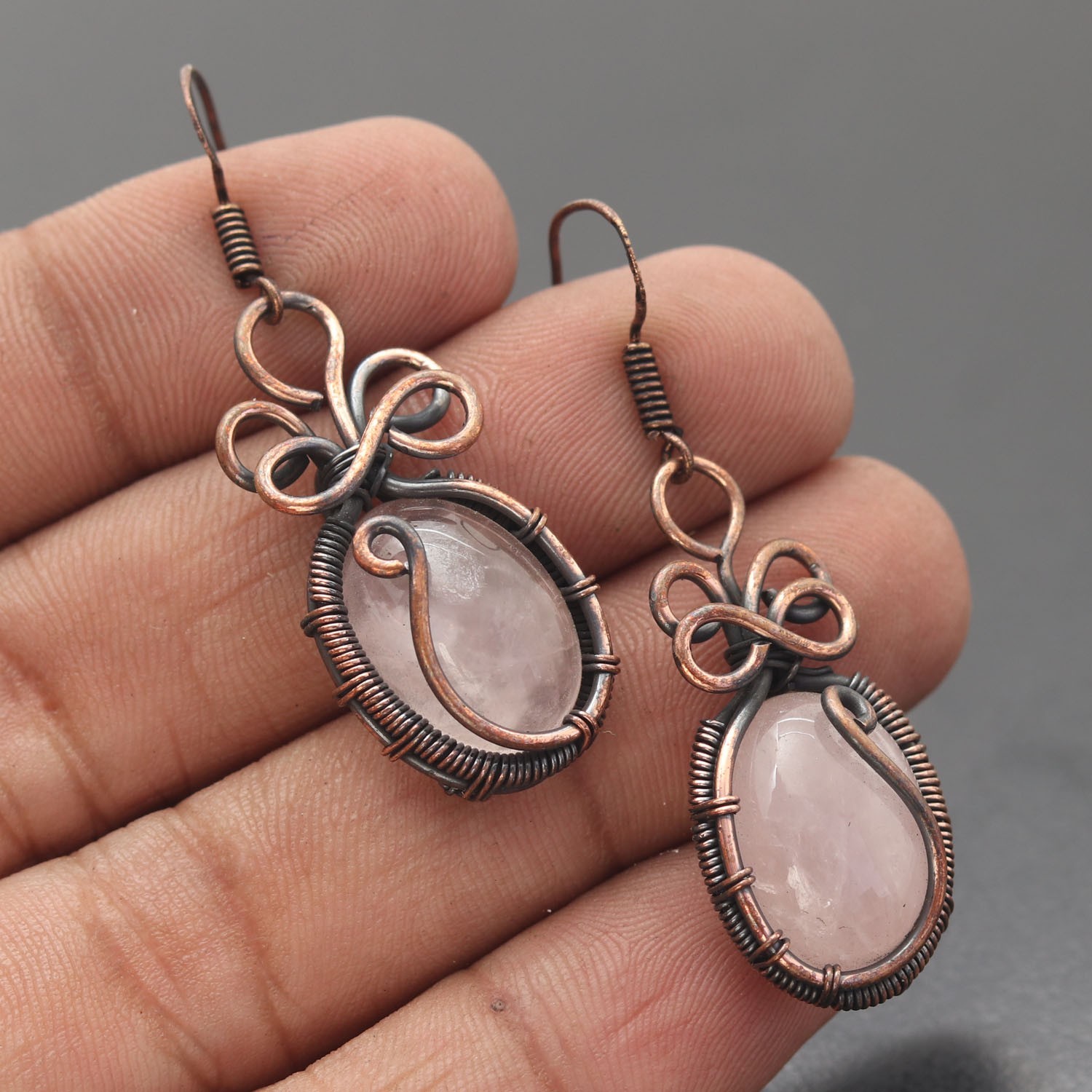 Rose Quartz Gemstone Copper Wire Wrapped Handmade Earring Jewelry Gift For Wife
