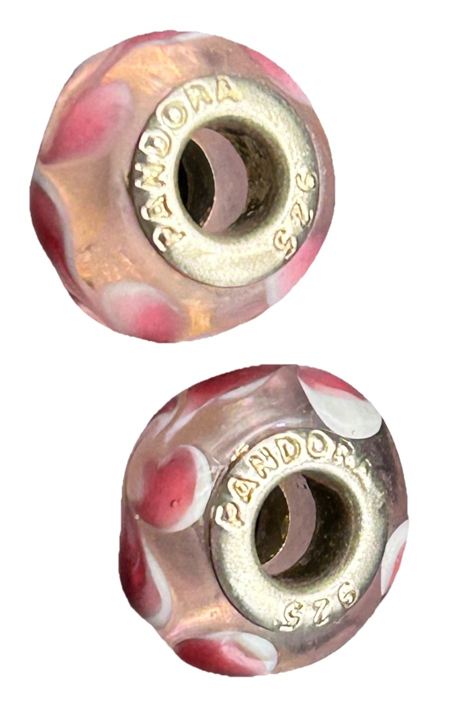 2 Pandora 925 Silver Pink Floral Petals Murano Glass Bead Charms Clear, White