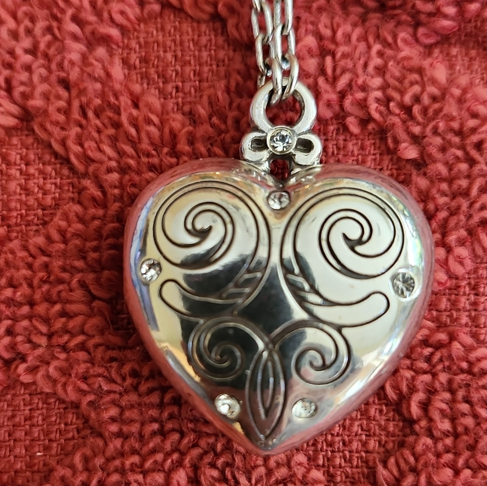 Brighton Silver Plated Heart Locket Pendant Necklace White Crystal Signed