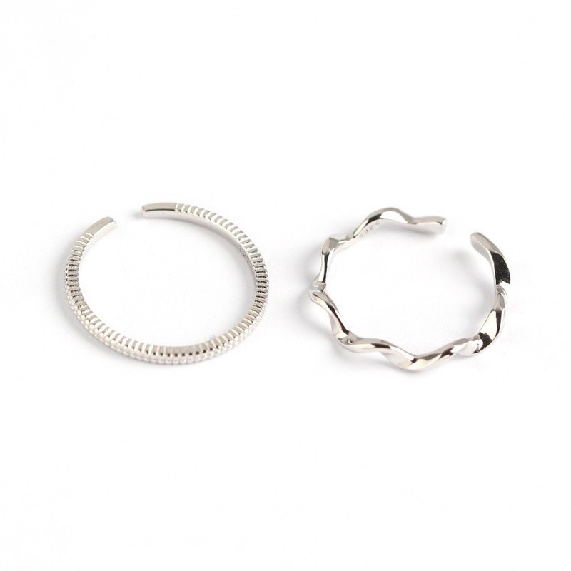 mylone 2pc 900 Silver Tone Open Adjustable Band Rings Textured & Wave 8.5