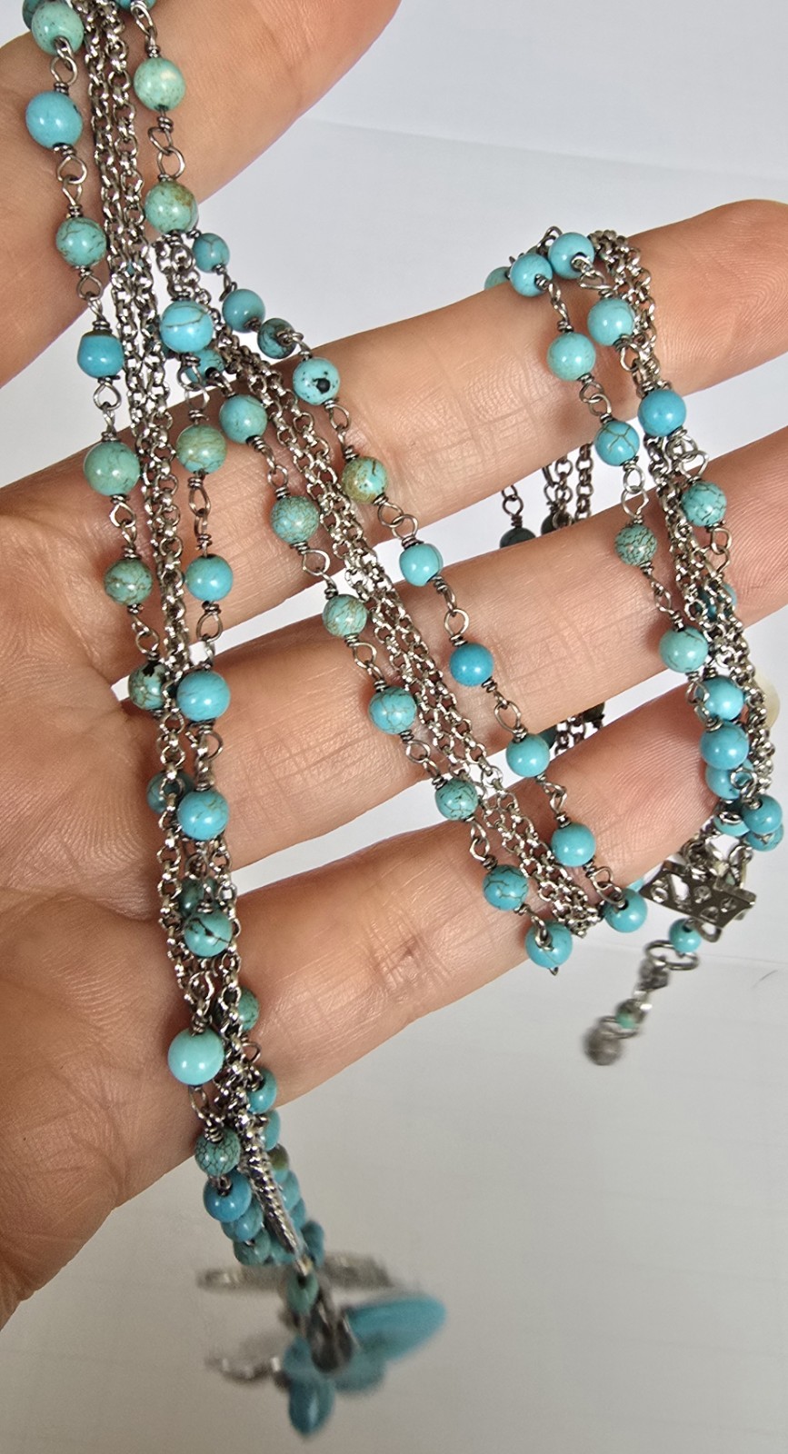 WA Heart Flower Silver Tone Charm Pendant Amulet Turquoise Long Necklace
