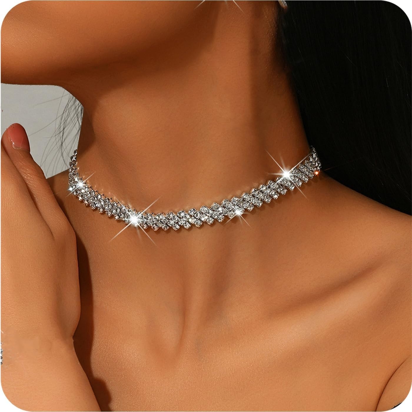 Rhinestone Choker Necklaces for Women Silver Diamond Choker and Earring Set f…