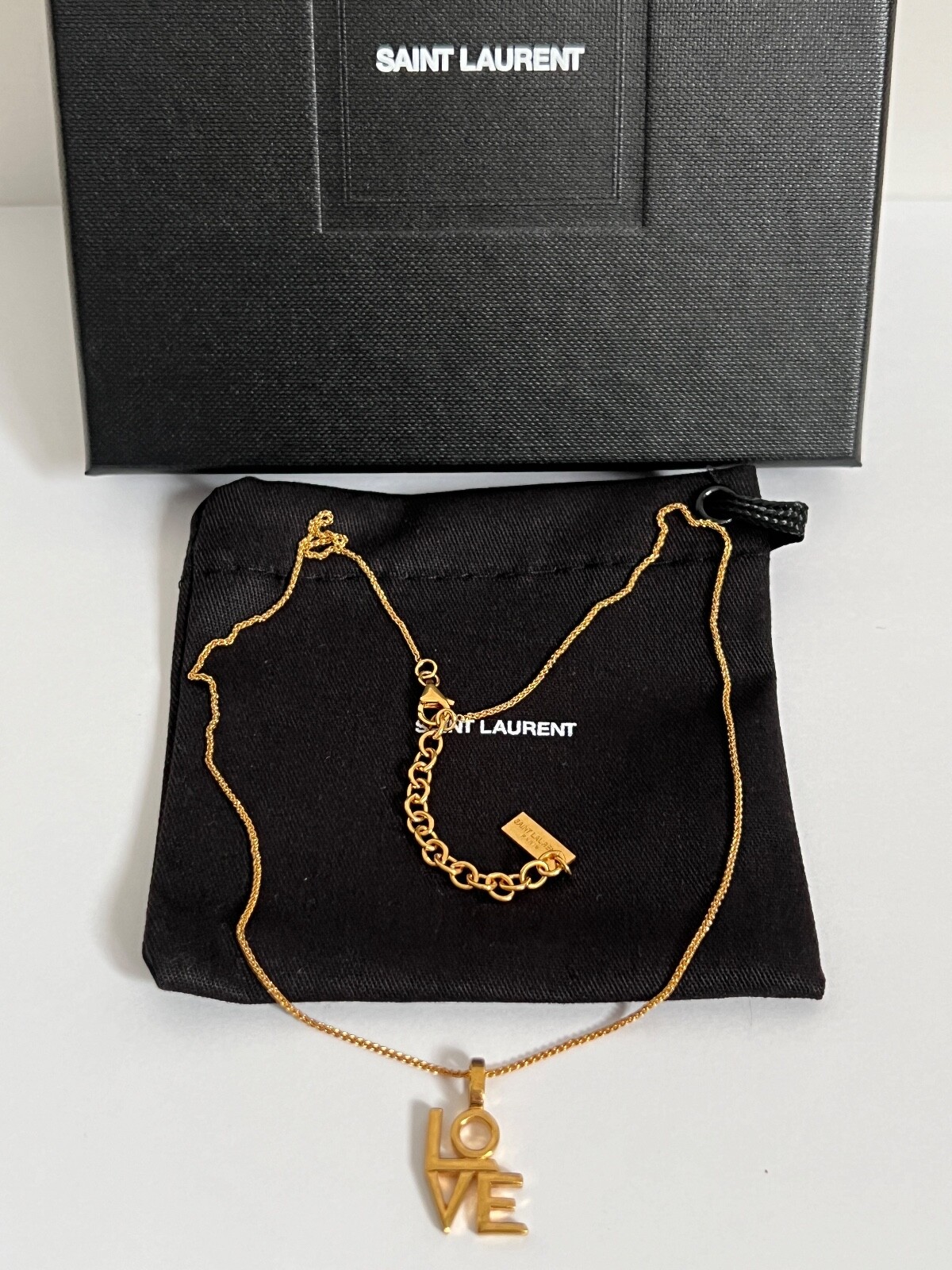 NIB Saint Laurent YSL LOVE Charm Antique Gold Brass Pendant Chain Necklace $650