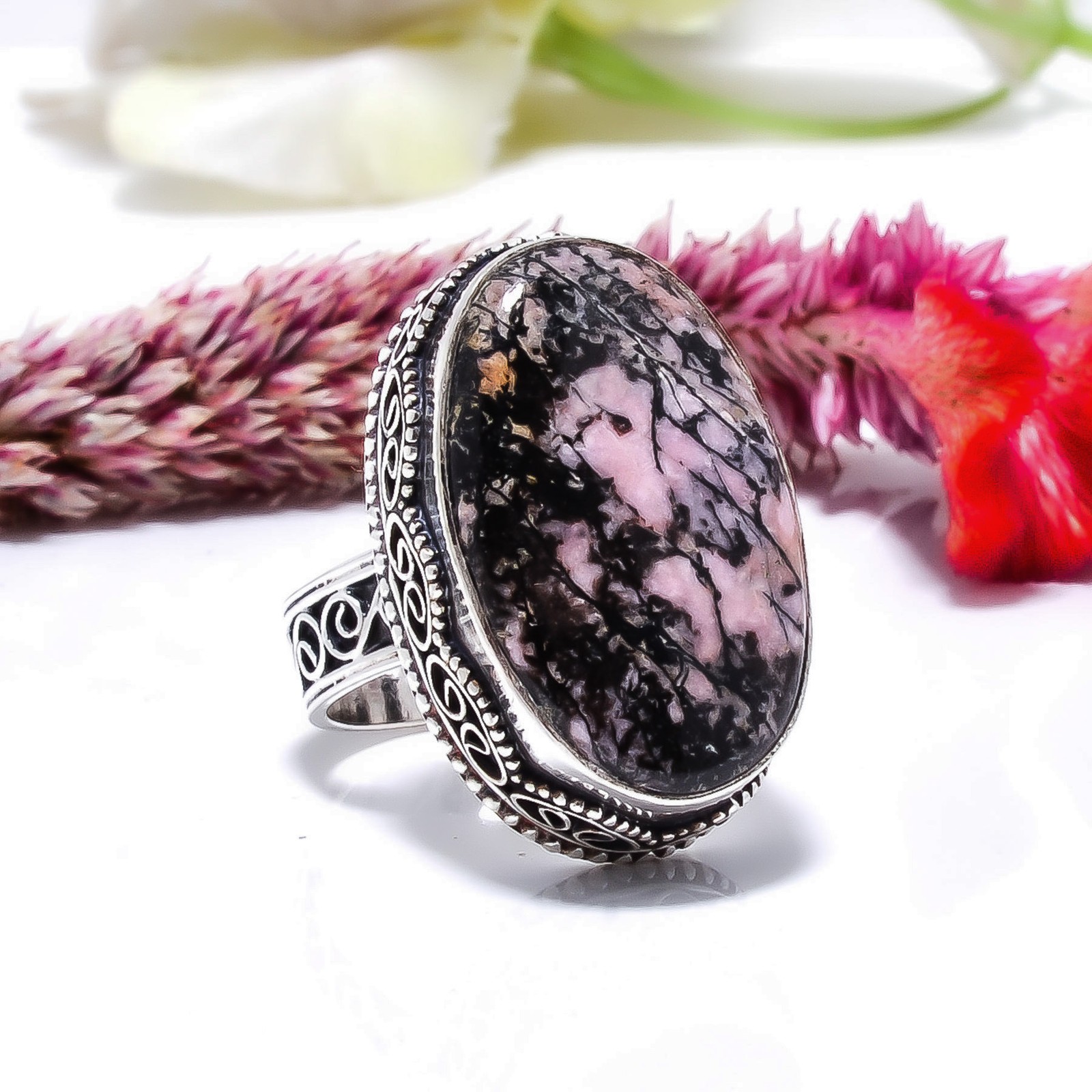 Black Manganese In Rhodonite – Colorado Oxidised 925 Sterling Silver Ring S.8 R0