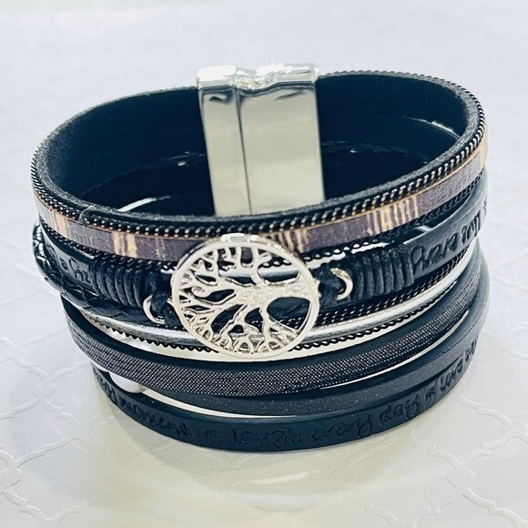 Multilayer Leather Bangle Magnetic Clasp Bracelet for Men or Women 7.5in Black