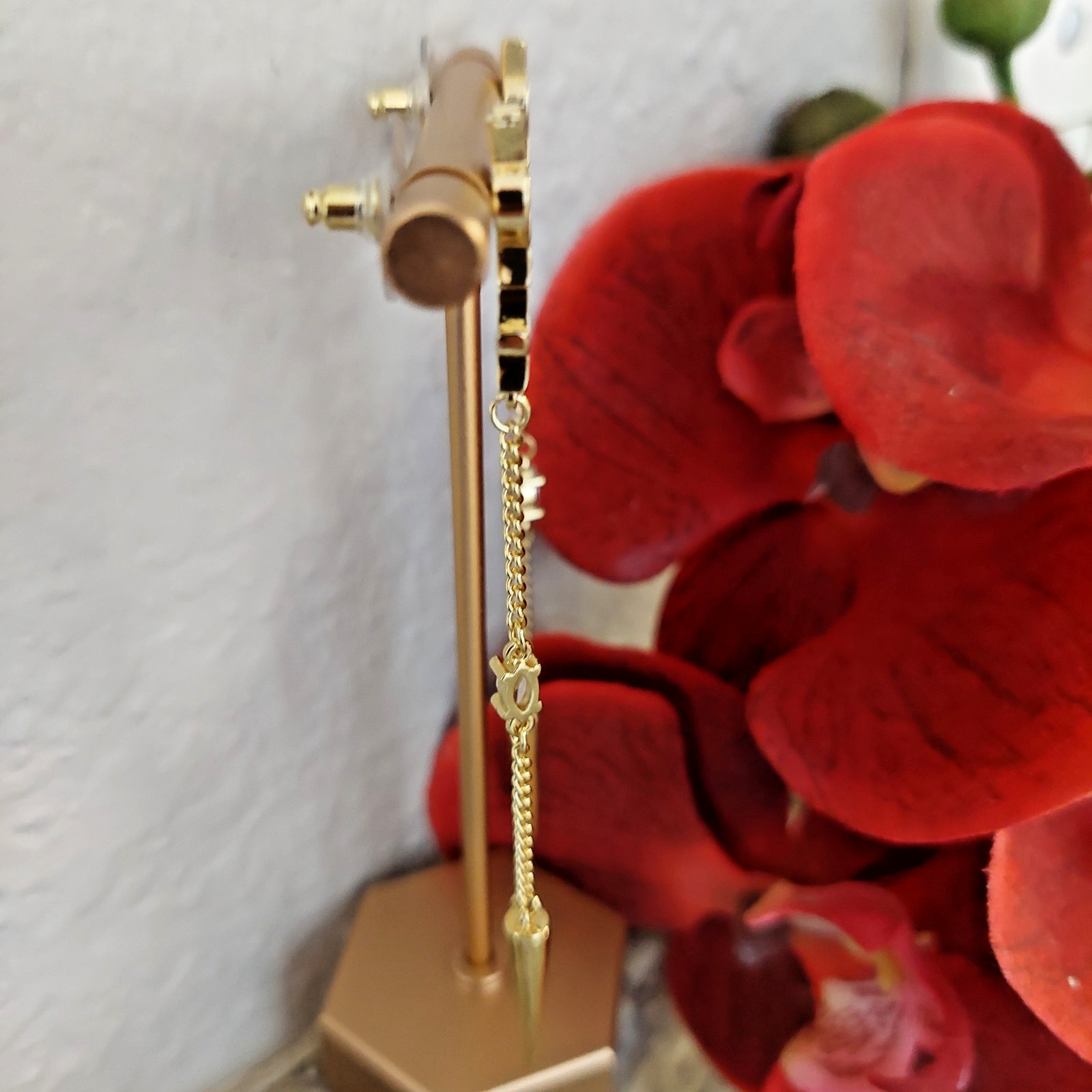Auth YVES SAINT LAURENT YSL Crystal LOGO Long Chain Drop EARRINGS Gold T G2U