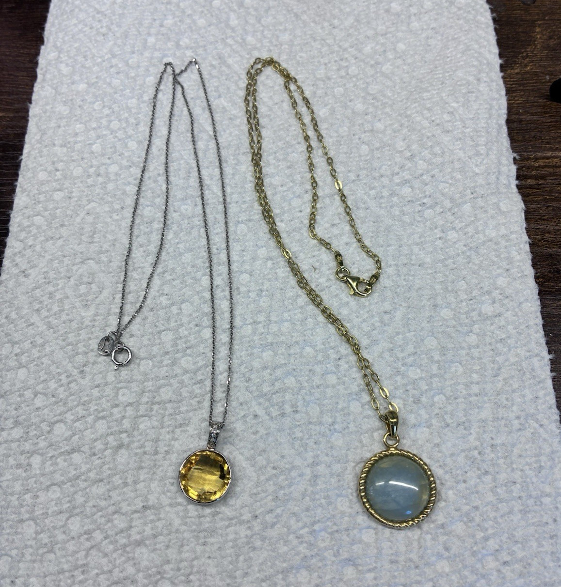 2pc 925 Italy Signed Round Bezel Pendant Necklaces Yellow and Blue Stones