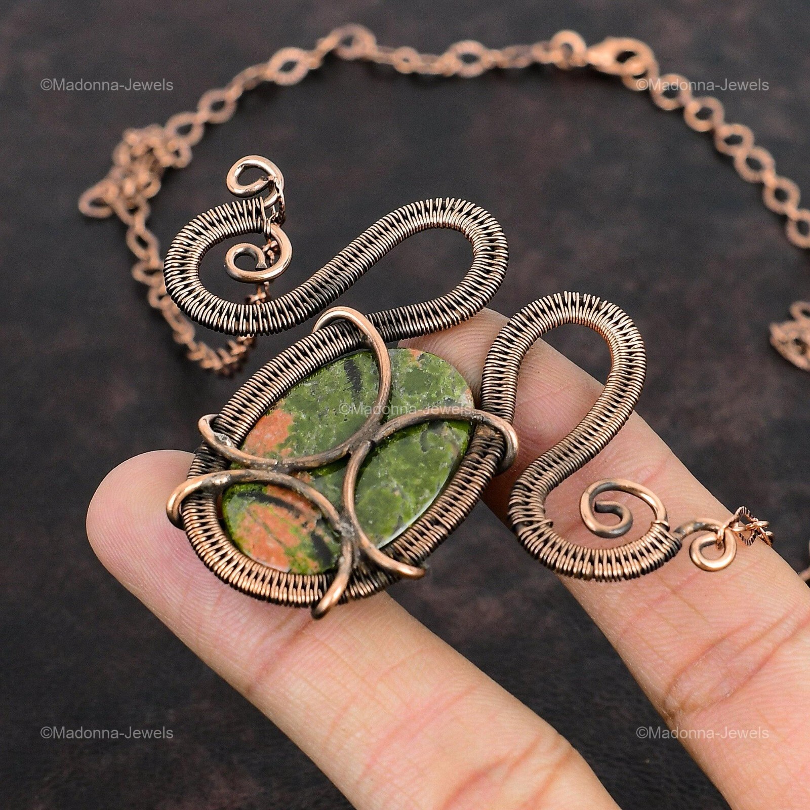 Copper Natural Unakite No Stone Chain Sister Wire Wrapped Engagement Necklace