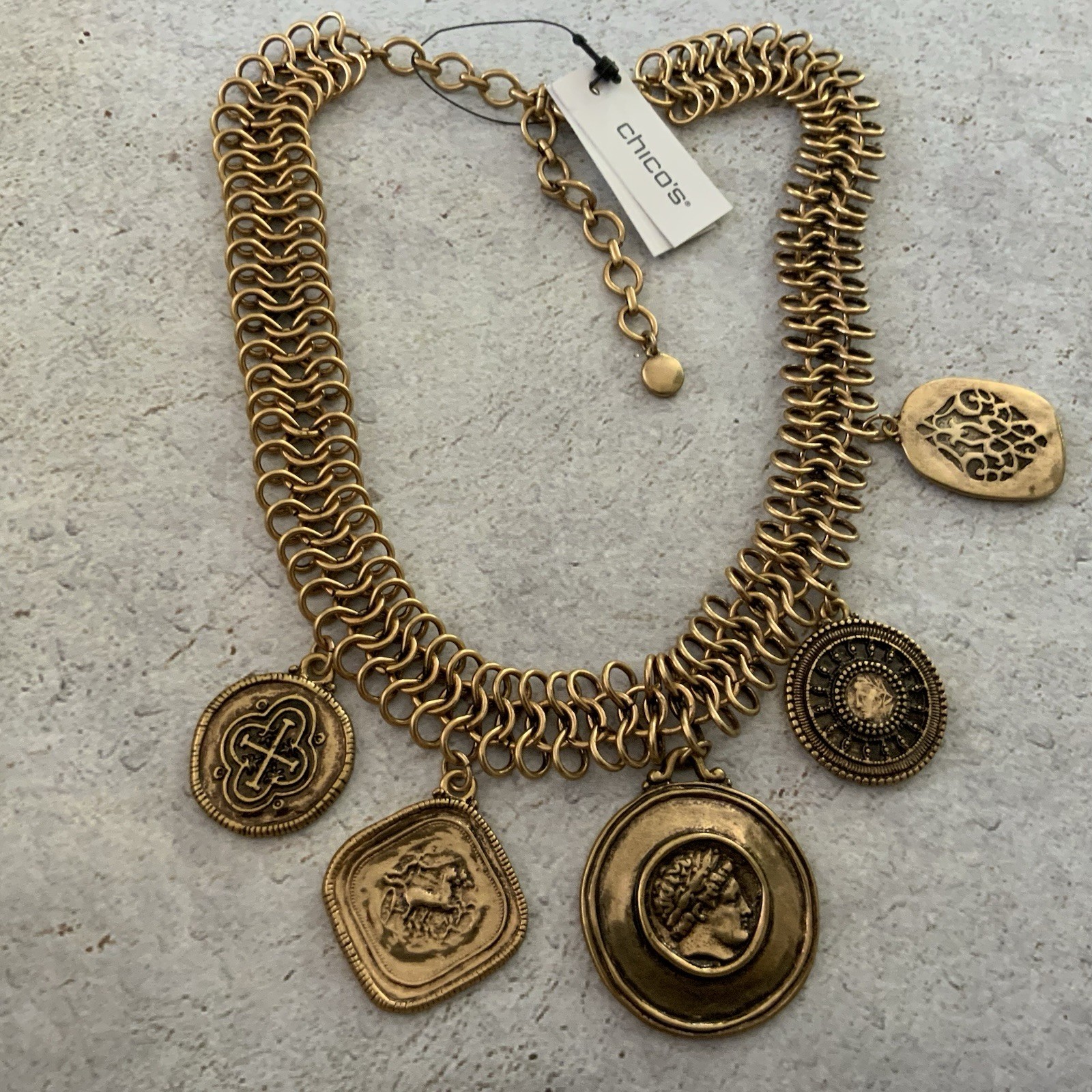 Chico’s Roman Coin Statement Necklace Antique Brass Medallion Charm Bib