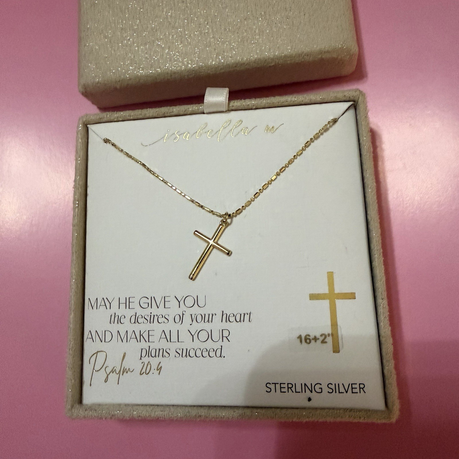Isabella M Necklace With Pendant Croos 16+2” Color Gold New Sterling Silver