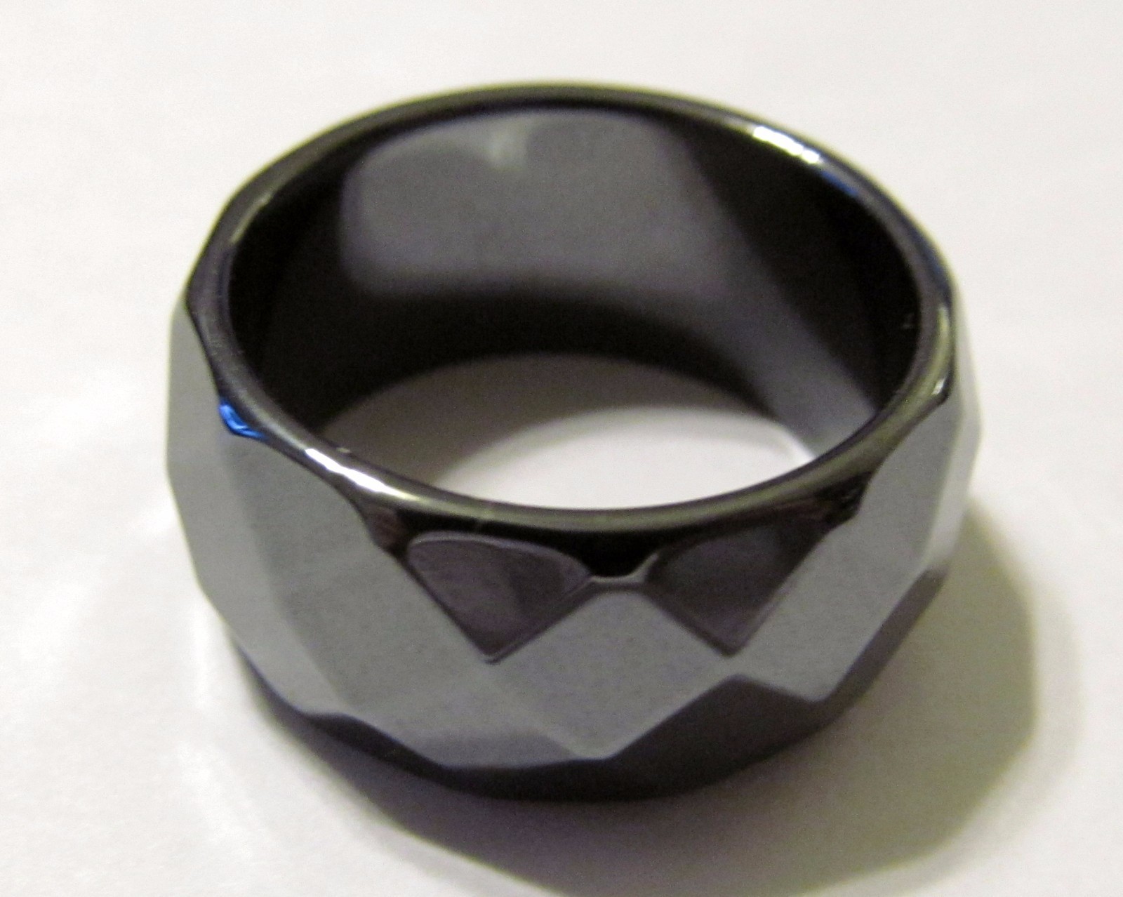 Genuine Faceted Black Hematite 9mm WIDE Band Ring Various Sizes HEMR1W