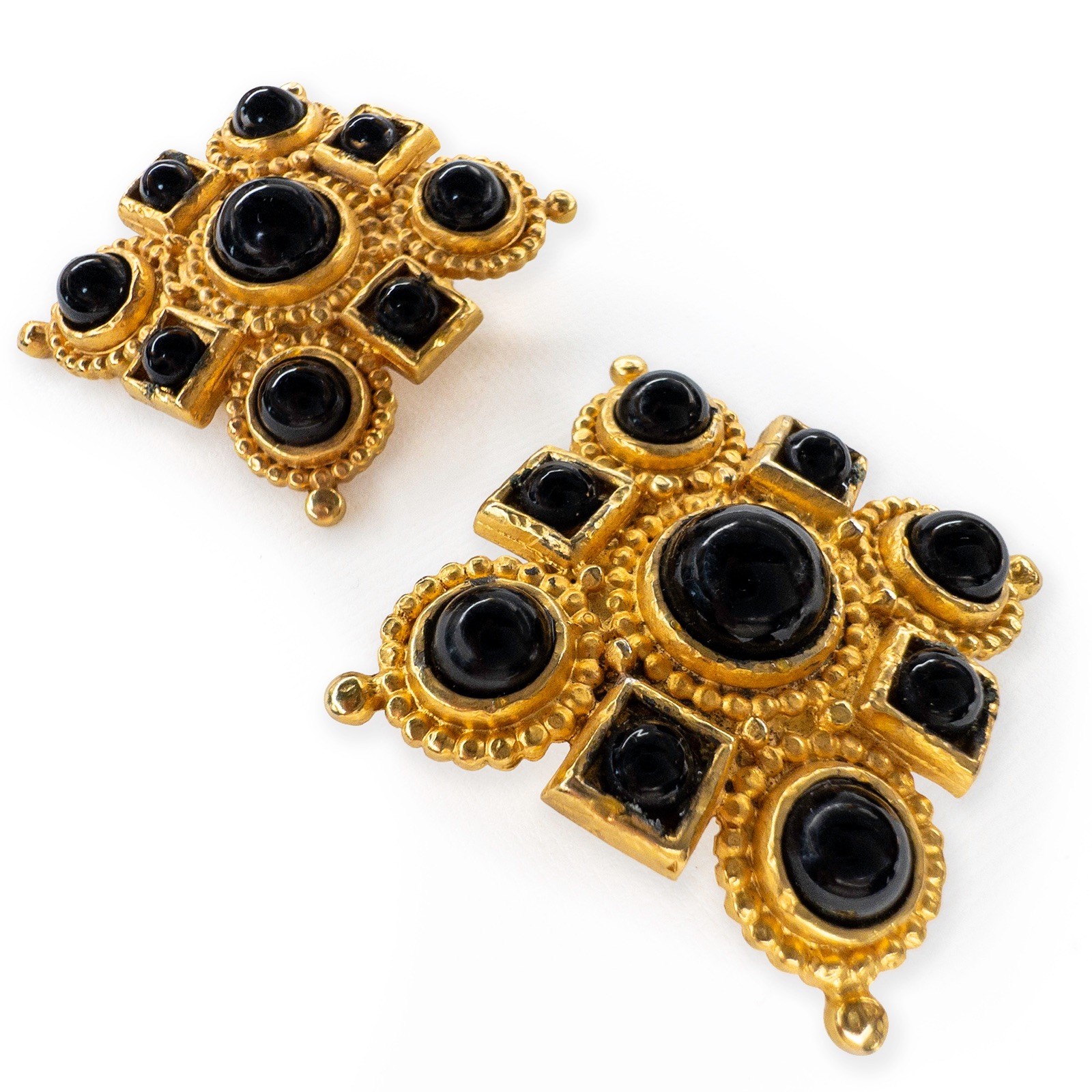 Vintage Edouard Rambaud Paris Clip Earrings Byzantine Cross Black Cabochons 1980