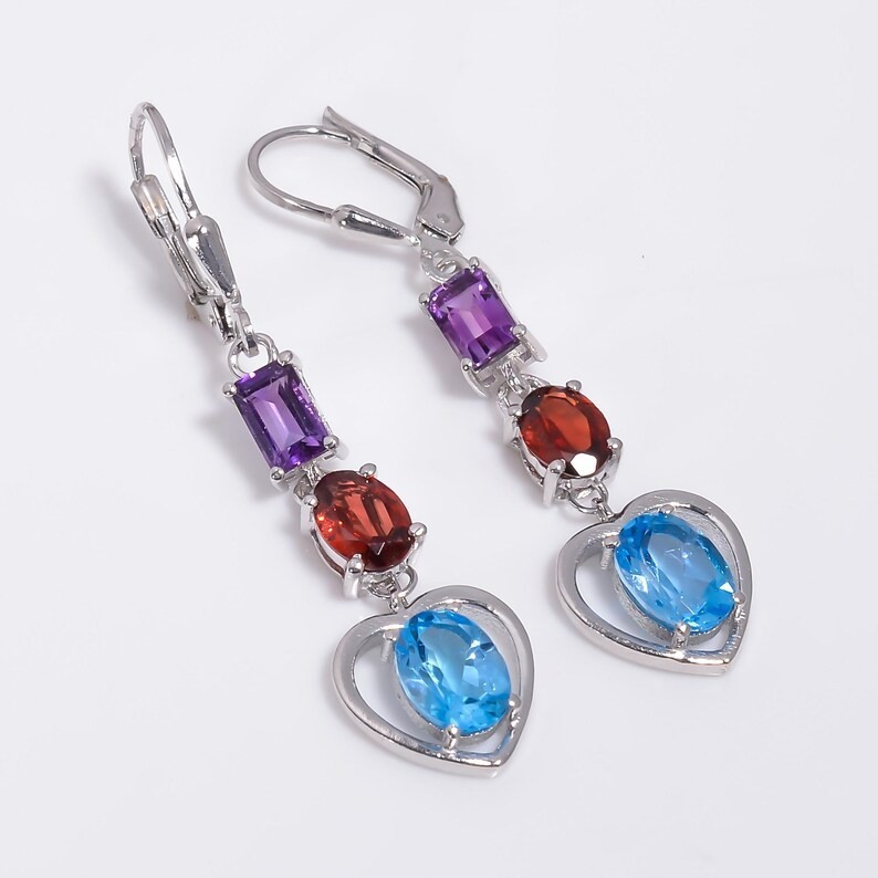 Blue Topaz Heart Earrings 925 Silver, Garnet Amethyst Dangle Earrings December