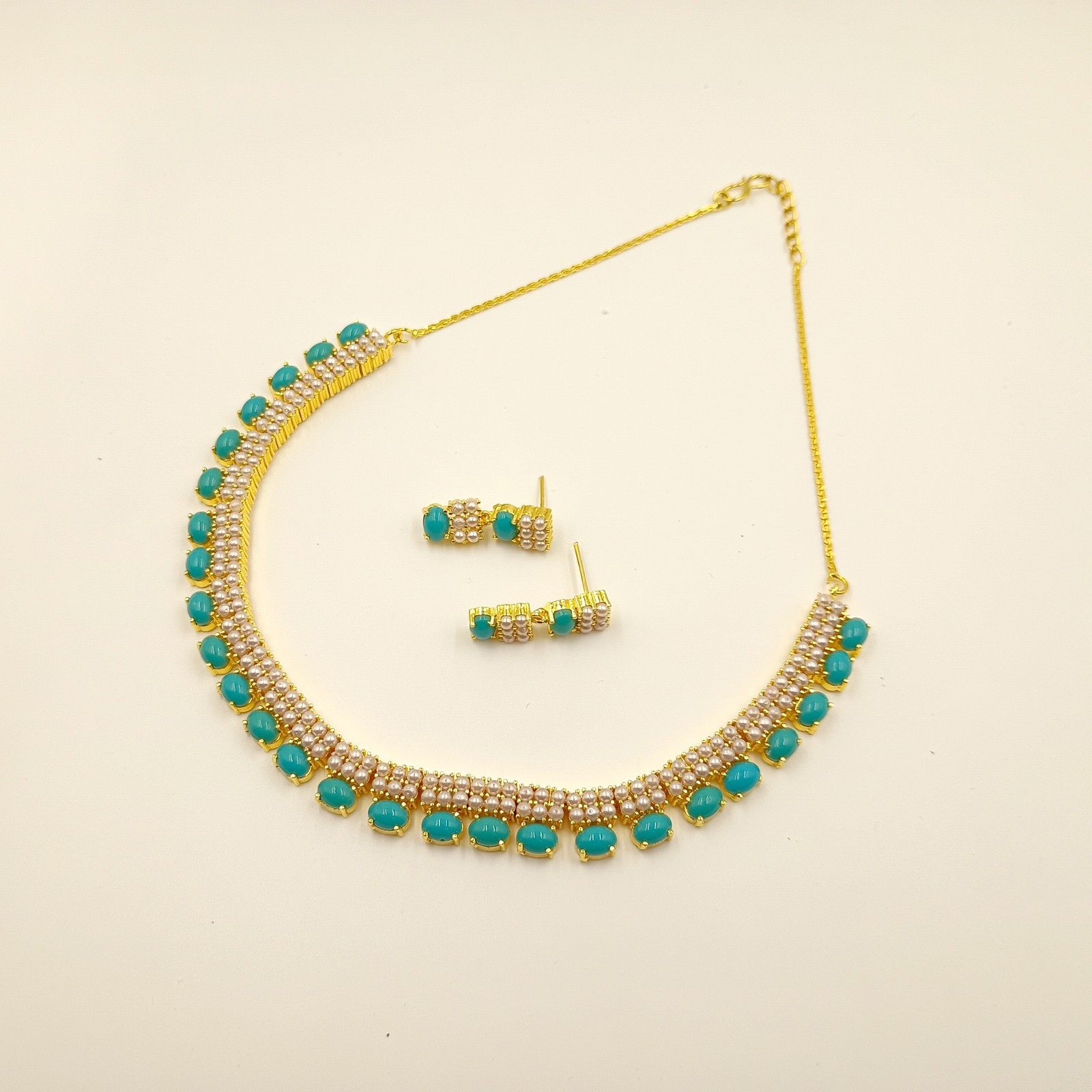 Turquoise and Pearl Necklace Set, 22k Gold Plated Choker, South Indian Jewelry