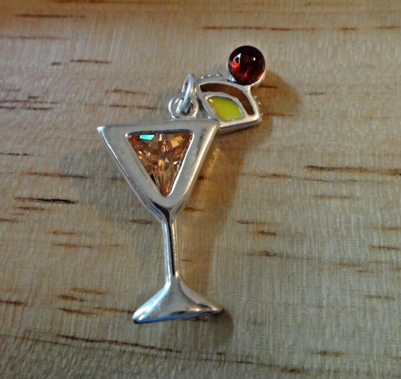 18x30mm Tropical Drink Cocktail Orange and Red CZ Yellow Enamel Sterling Silver