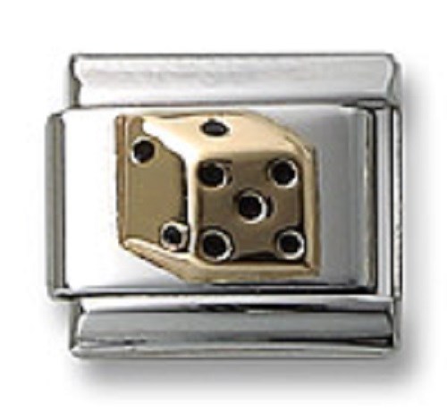 18K Gold Casino Dice Italian Charm Fit 9 mm Stainless Steel Link Bracelet