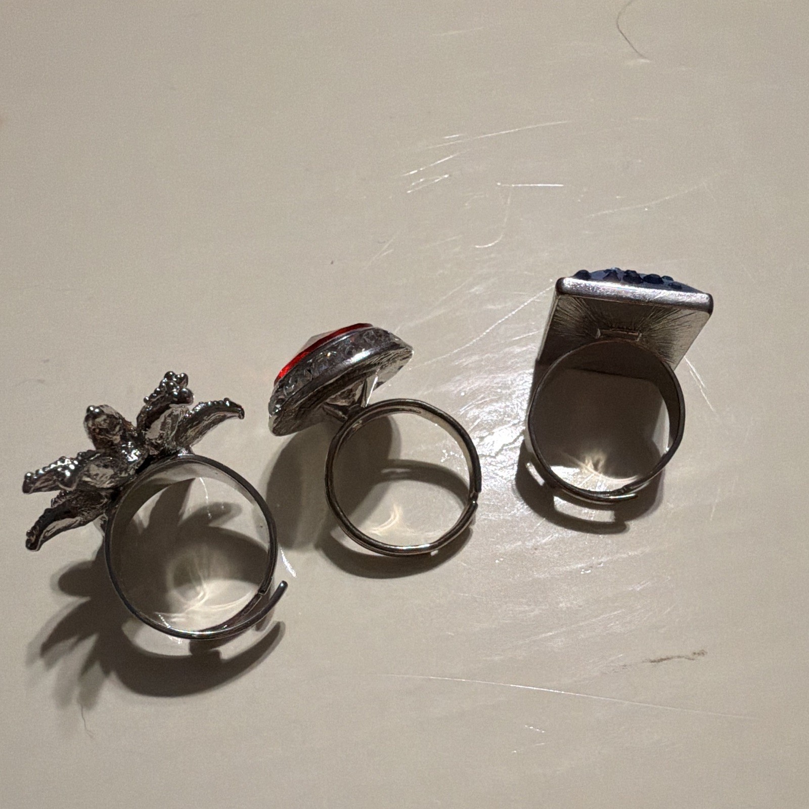 Lot of 3 Adjustable Cocktail Rings Size 7 Multicolor Rhinestone Crystal Floral