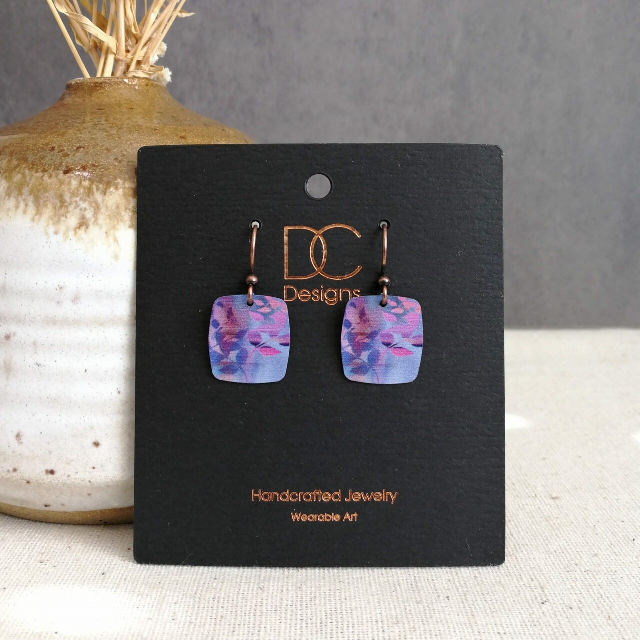 DC Designs Abstract Foliage Small Square Earrings in Purple 28NS Unique Gift