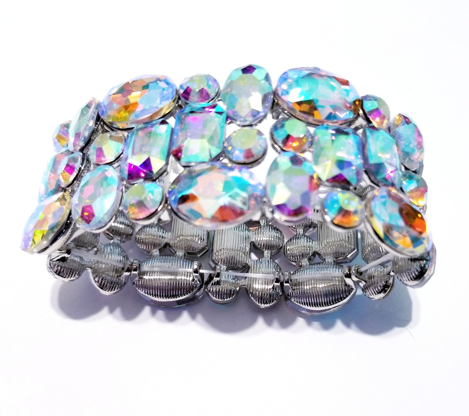 Iridescent Silver Rhinestone Stretch Bracelet Statement Drag Pageant Prom Bridal