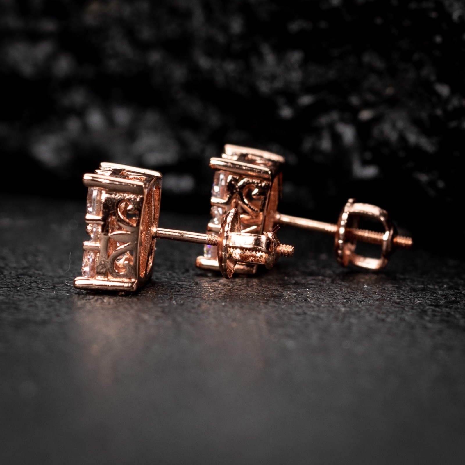 Rose Gold 925 Sterling Silver Square Flower Set Iced Cz Cluster Stud Earrings