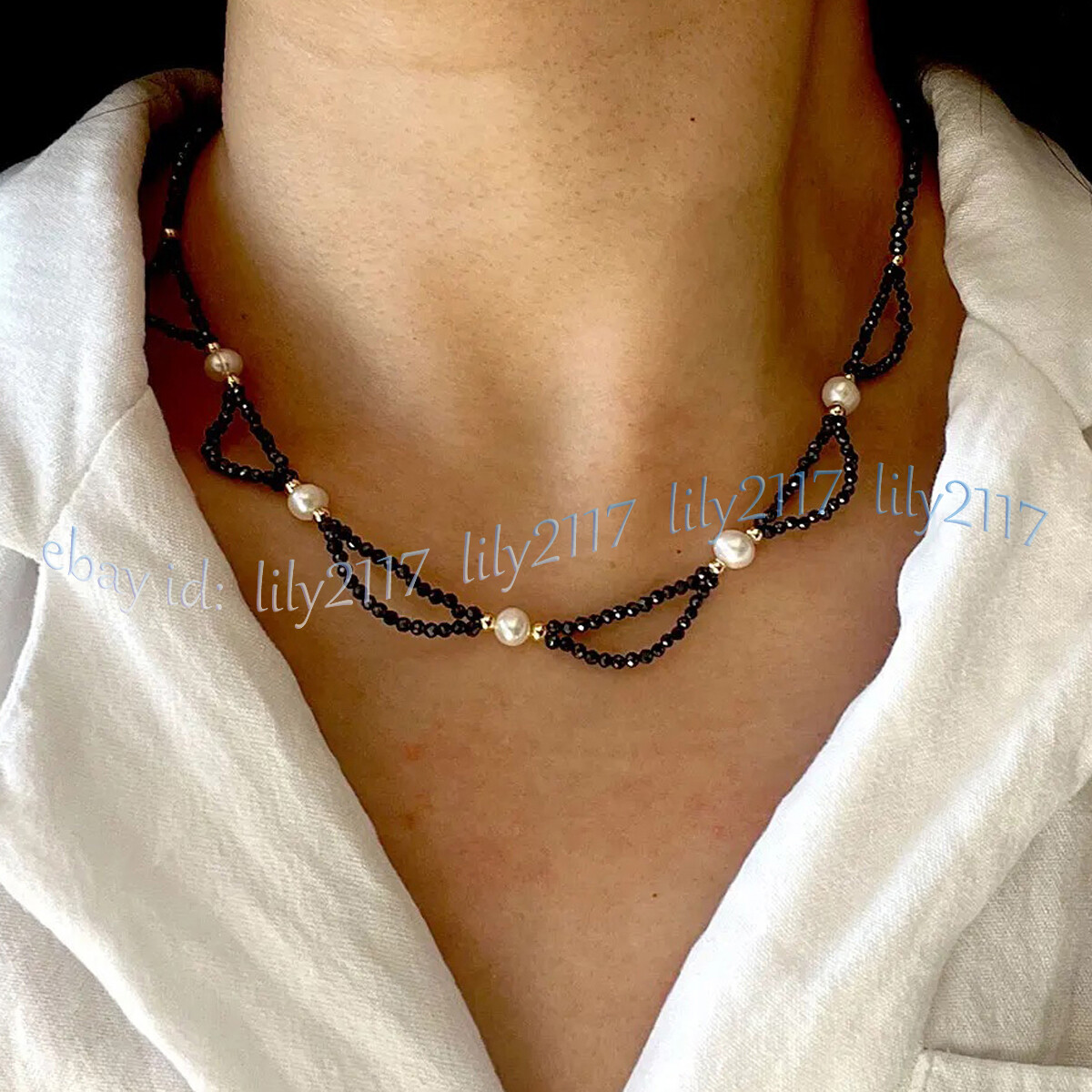 3mm Faceted Black Spinel Gems Beads Natural White Freshwater Pearl Necklace 18”