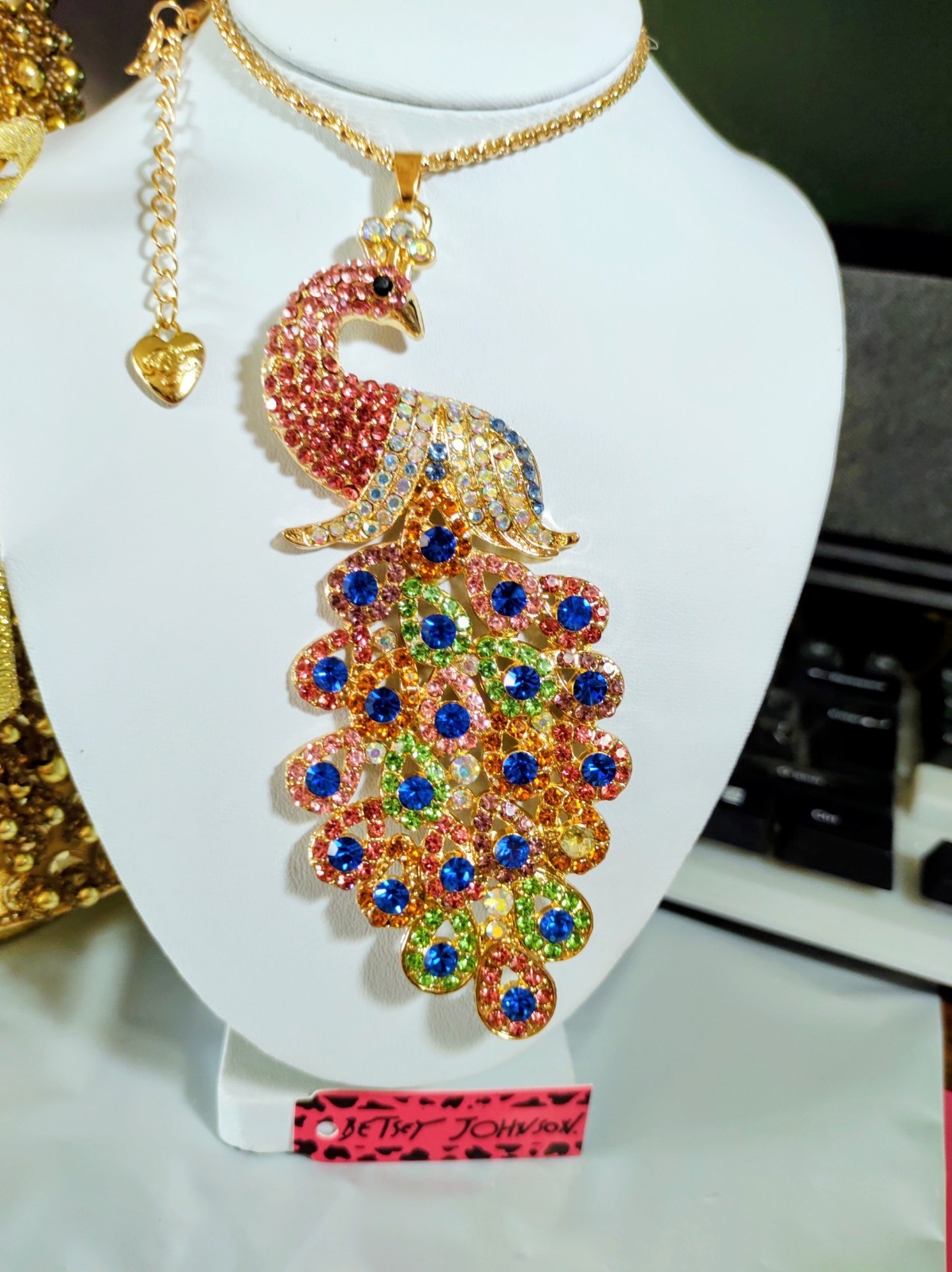 Vintage Betsey Johnson Rhinestone Peacock Necklace Pendant,Pink,Blue,Green
