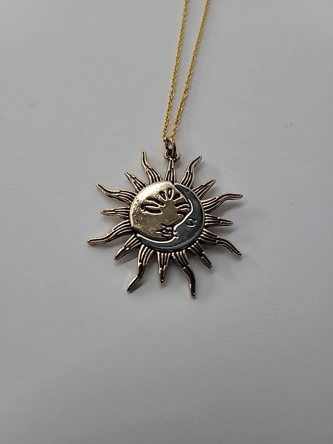 Sun Moon Necklace Gold Tone Celestial Face Pendant Boho Astrology Two Tone
