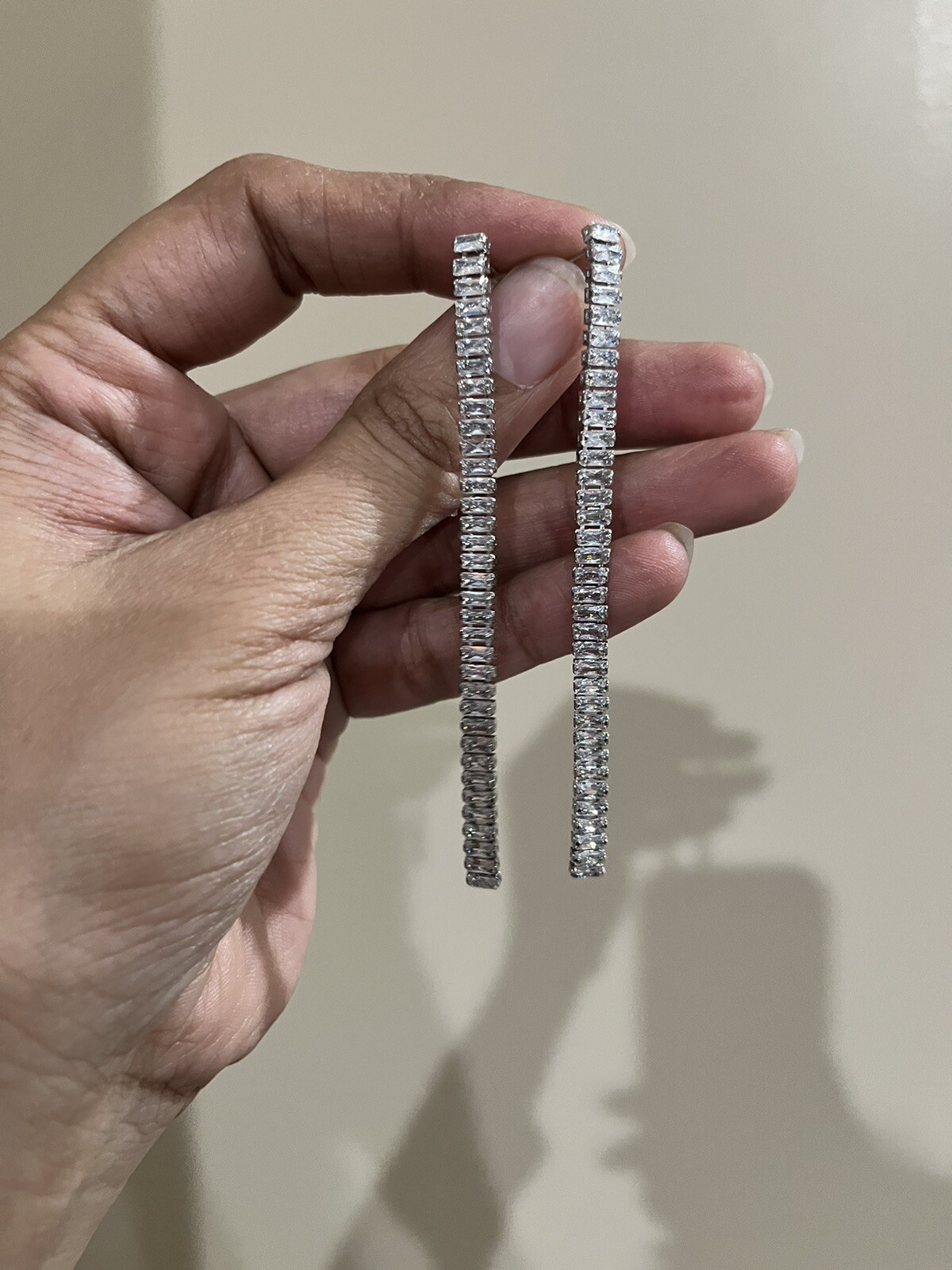 Very Long Silver Earrings Clear White Crystal Extra Long Earrings Rhinestone