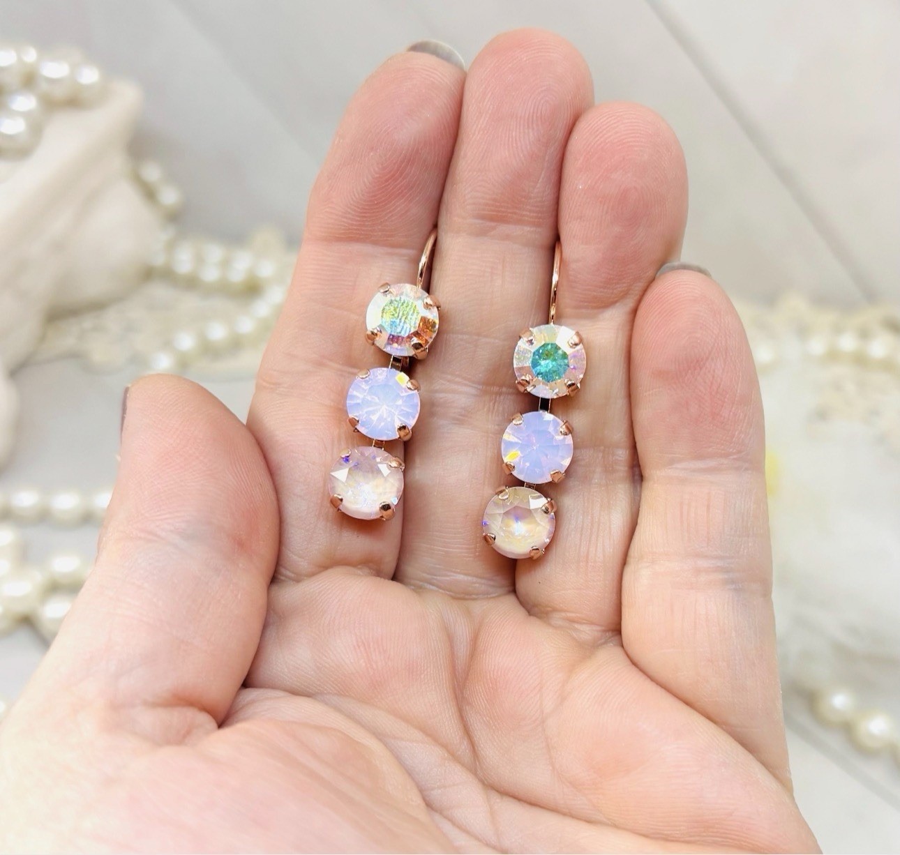 8mm Rose Gold Dusty Rose Pink and Crystal AB Triple Stone Cup Chain Earring Pair