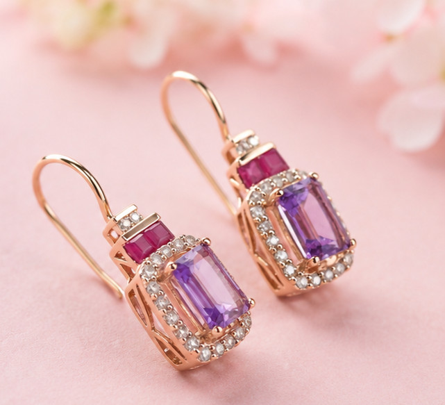 4.50Ct Emerald Cut Simulated Amethyst & Ruby Drop Earrings 14K Rose Gold Plated