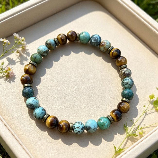 Genuine Tiger Eye African Turquoise Beaded Bracelet 8mm Healing Gemstone Crystal