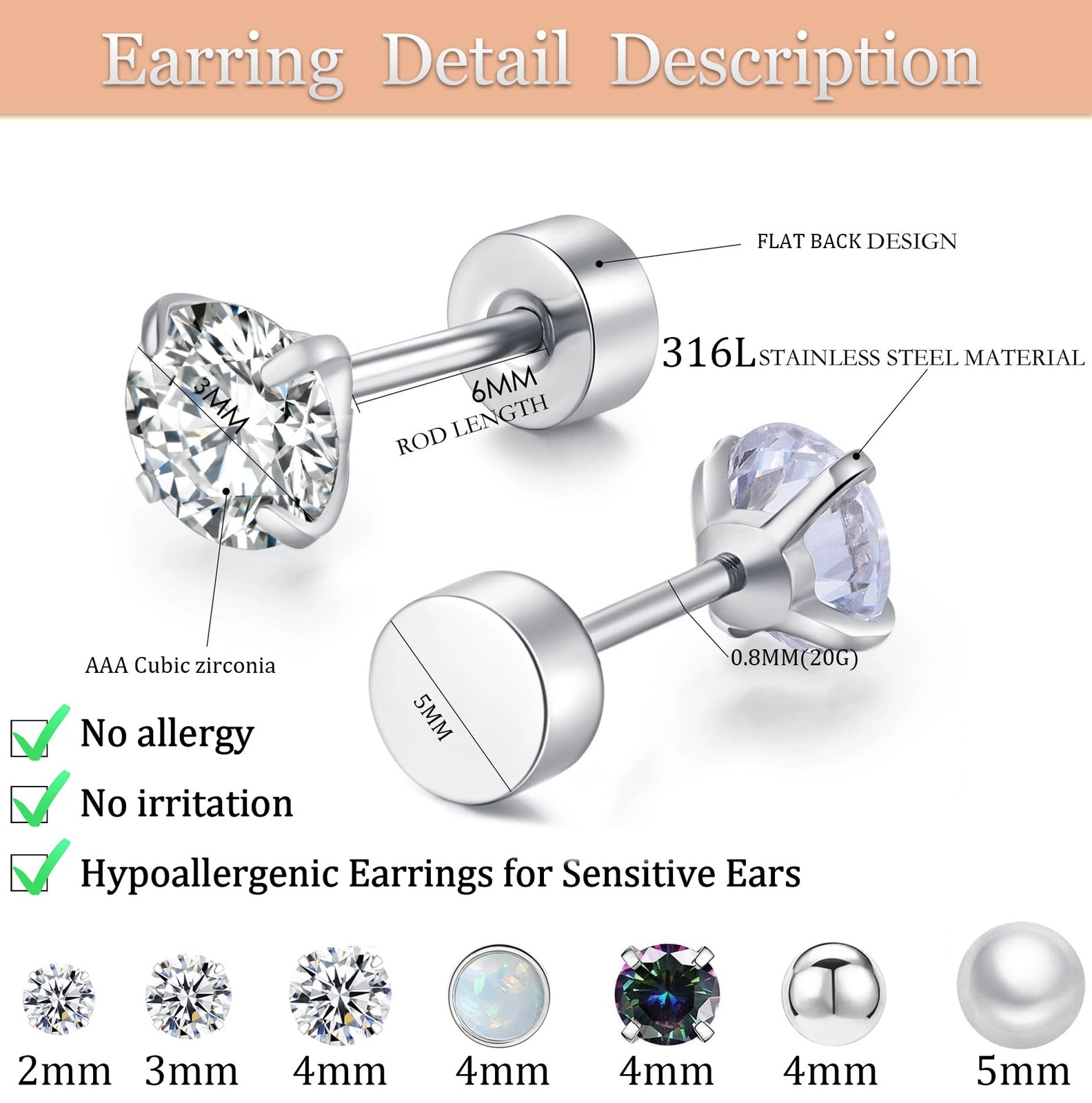Surgical Steel Flat Back Earrings Set for Multiple Piercing Sensitive Silver