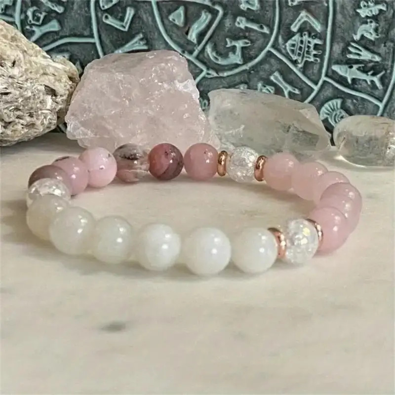 Summer Versatile White Quartzite Pink Opal Love Beaded Couple Matching Bracelet