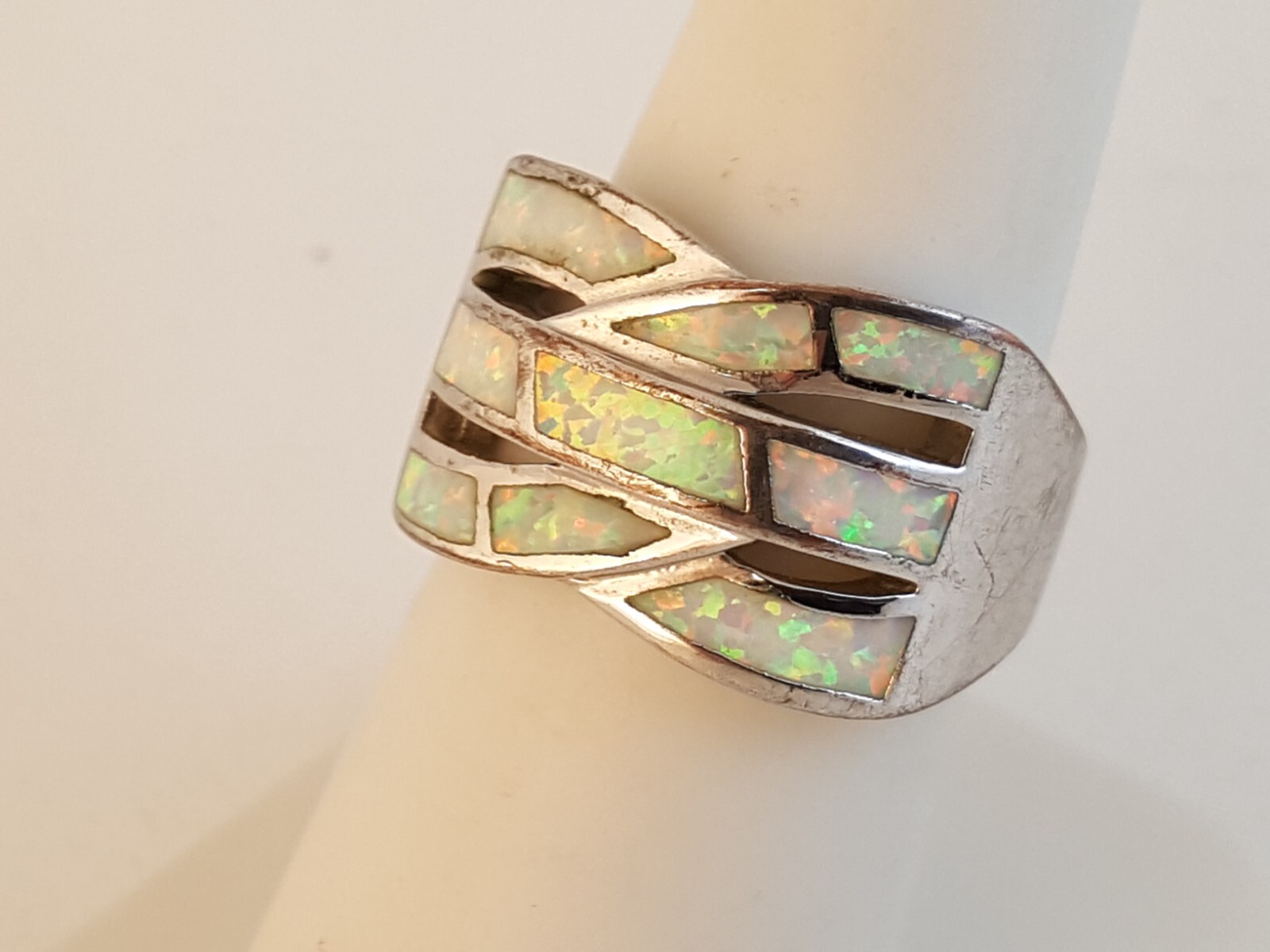 Lab created synthetic opal sterling silver ring sz 8 weave woven