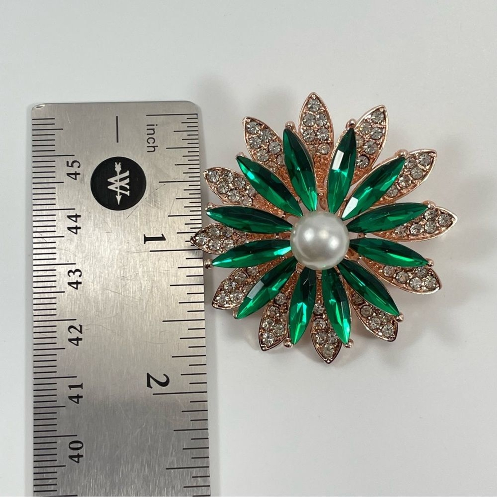 Rose Gold Tone Green White Rhinestone Faux Pearl Flower Brooch Pin Statement