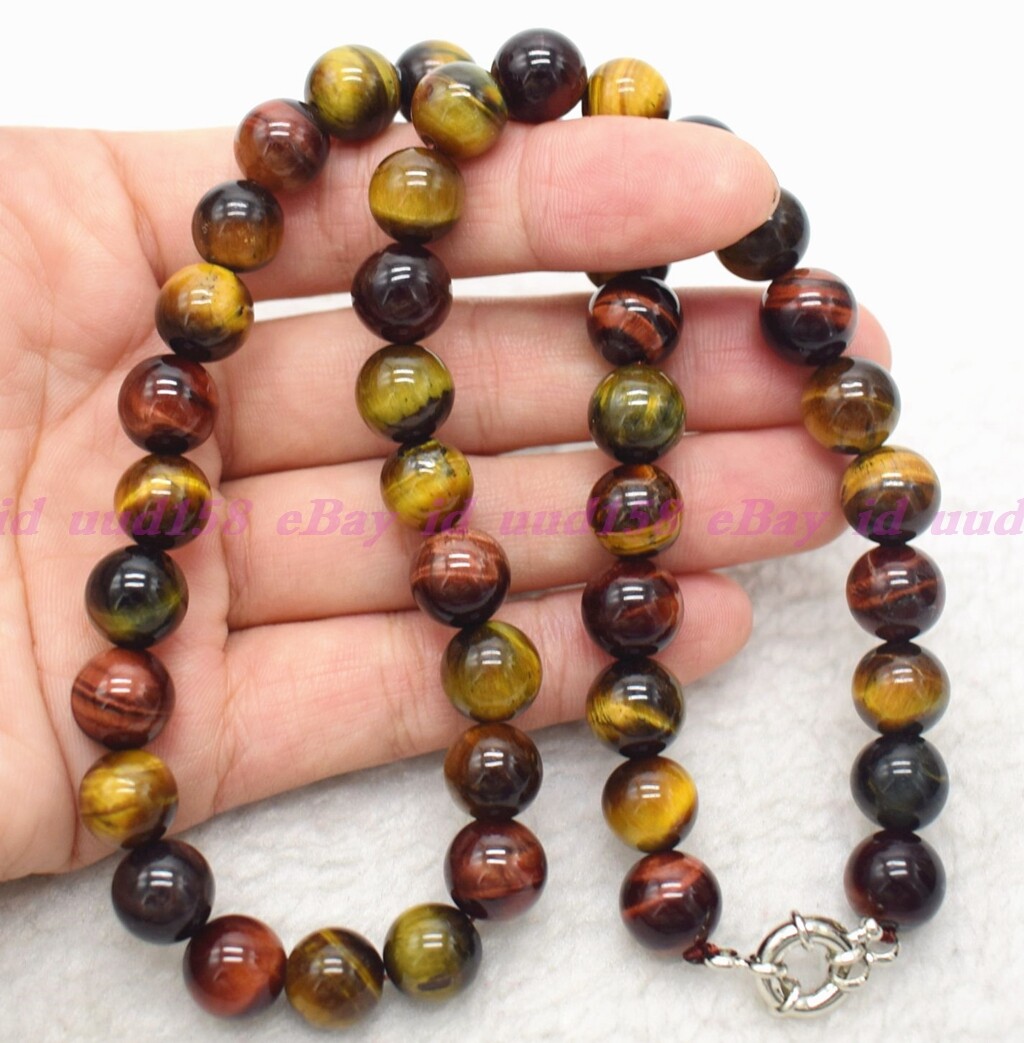 Natural 8/10/12mm Multi-color Tiger’s Eye Round Gemstone Beads Necklace 16-36″