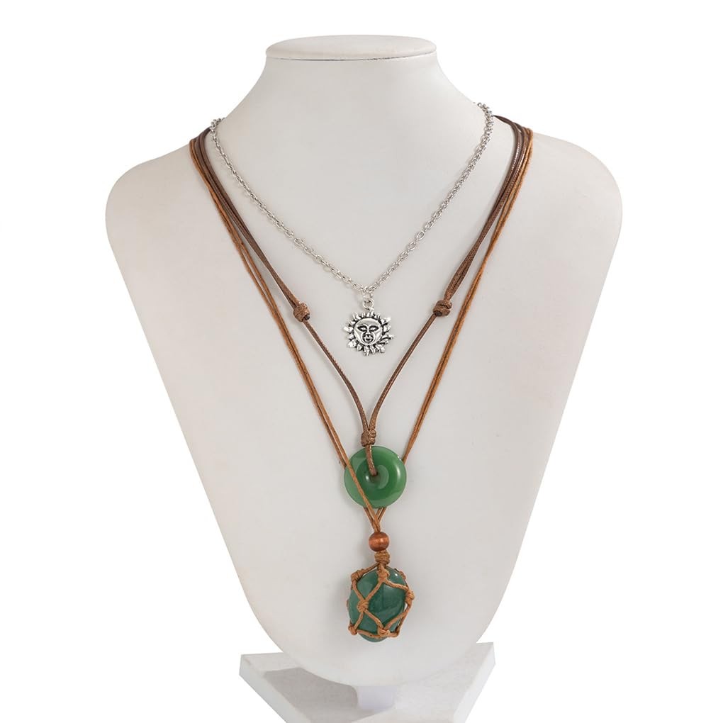 FUTIMELY Layered Green Stone Pendant Necklace Set,Bohemia Brown Small,