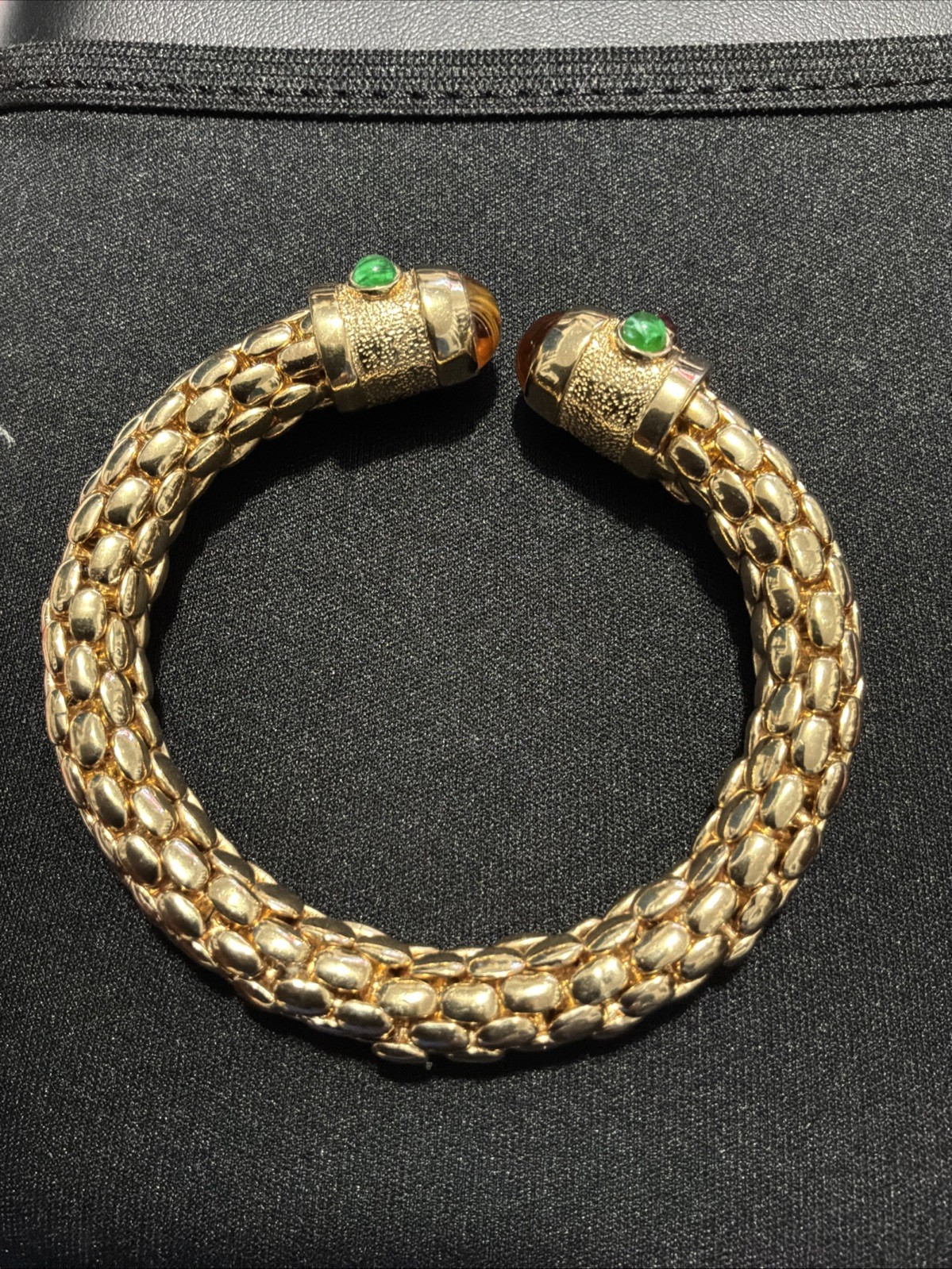 Vintage Runway Gold Tone Red Blue Green Glass Snake Skin Open Cuff Bracelet