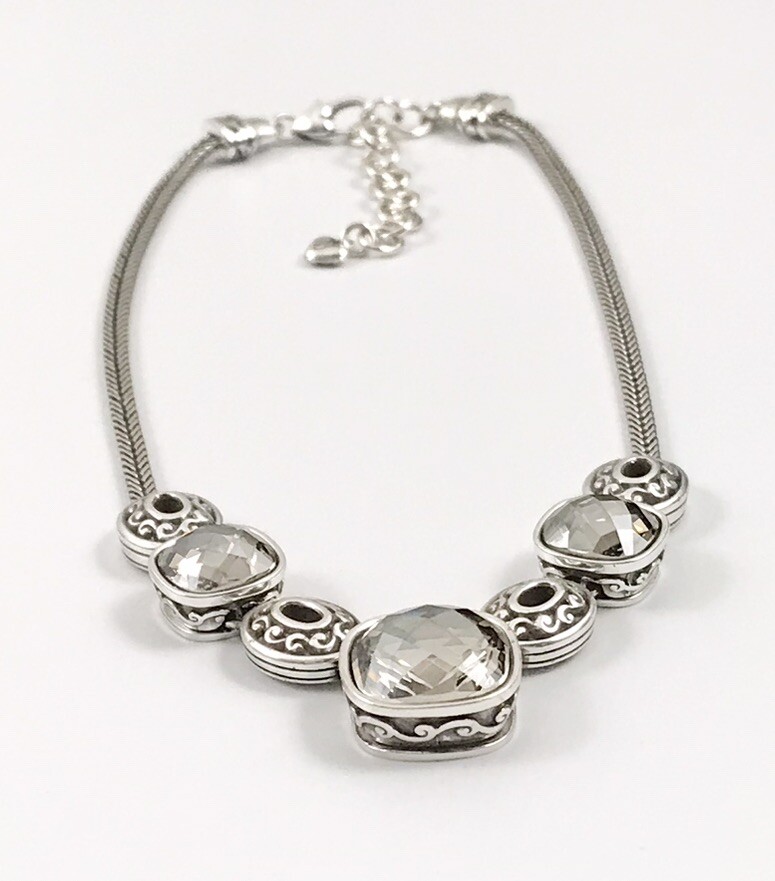 Brighton Venus Rising Silver Smokey Crystals Flat Chain Necklace 17 In. #16