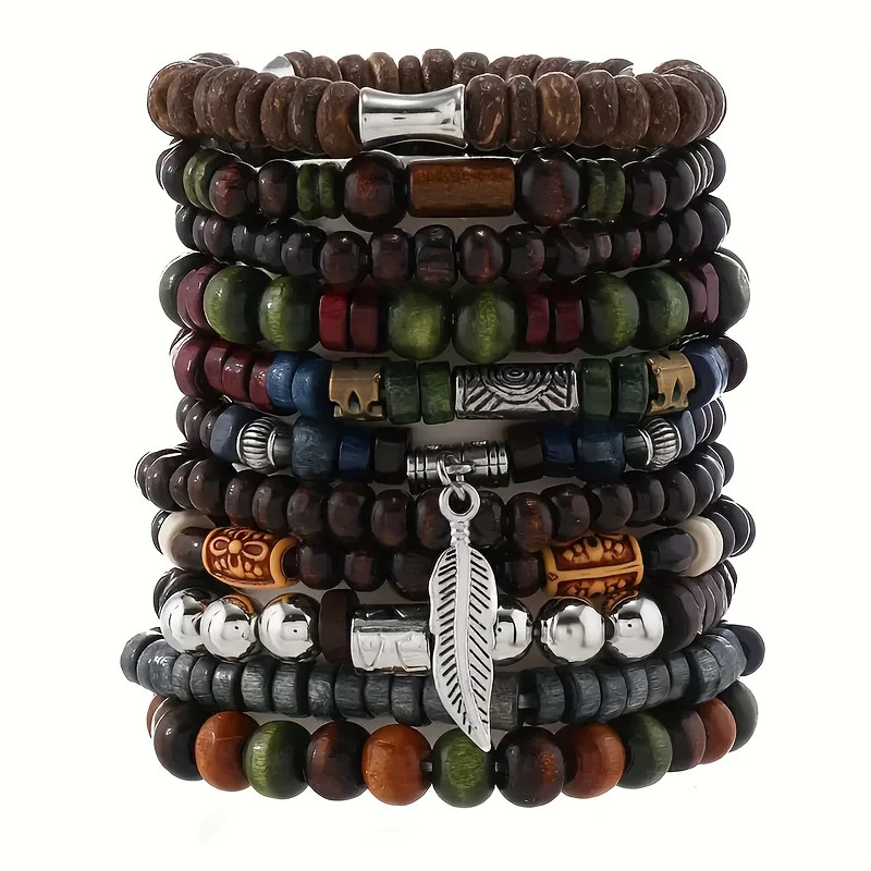 10Pcs Vintage Bohemia Men’S Bracelets – Fashion Stylish Leaves Wristwear Accesso
