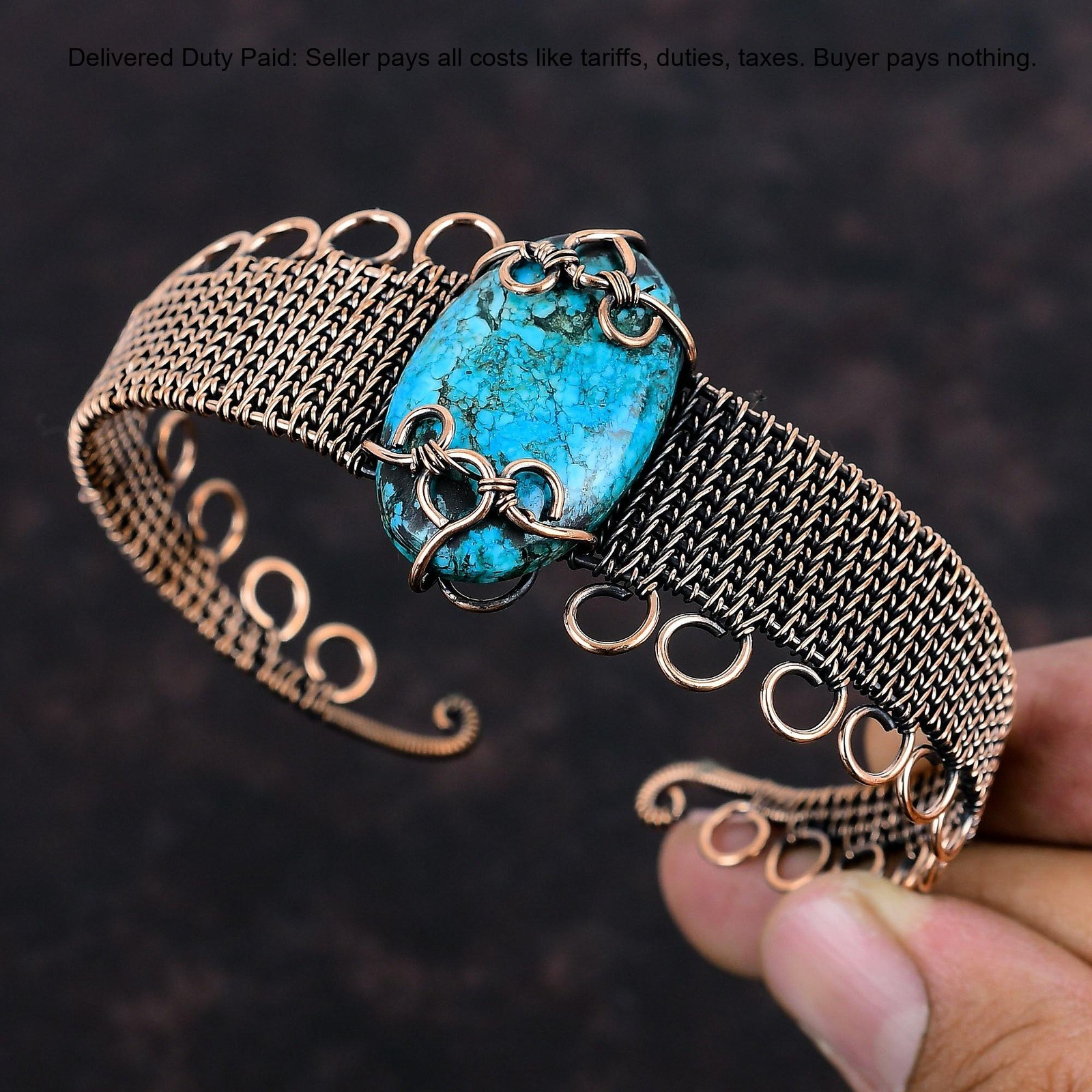 Copper Oval Tibetan Turquoise Stone Engagement Wire Wrapped Sister Trendy Bangle