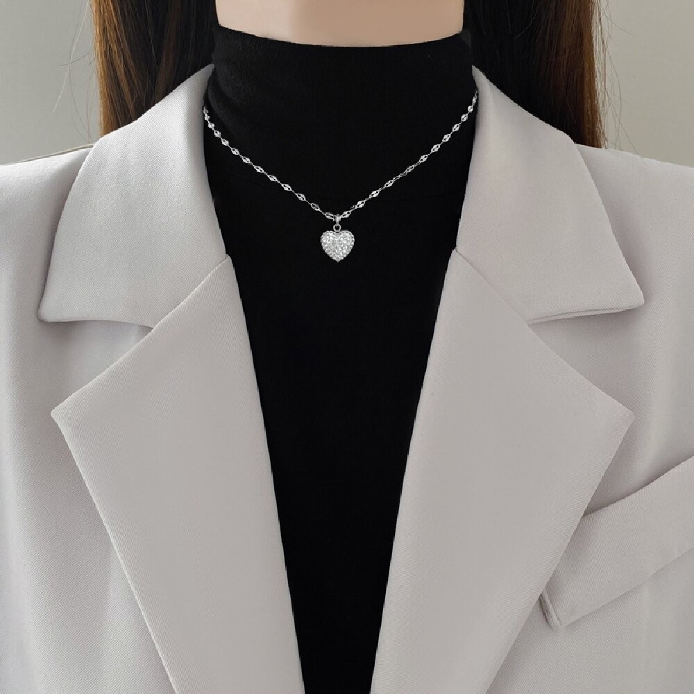 DIEYURO Black White Crystal Heart Reversible Necklace 316L Stainless Steel Gift