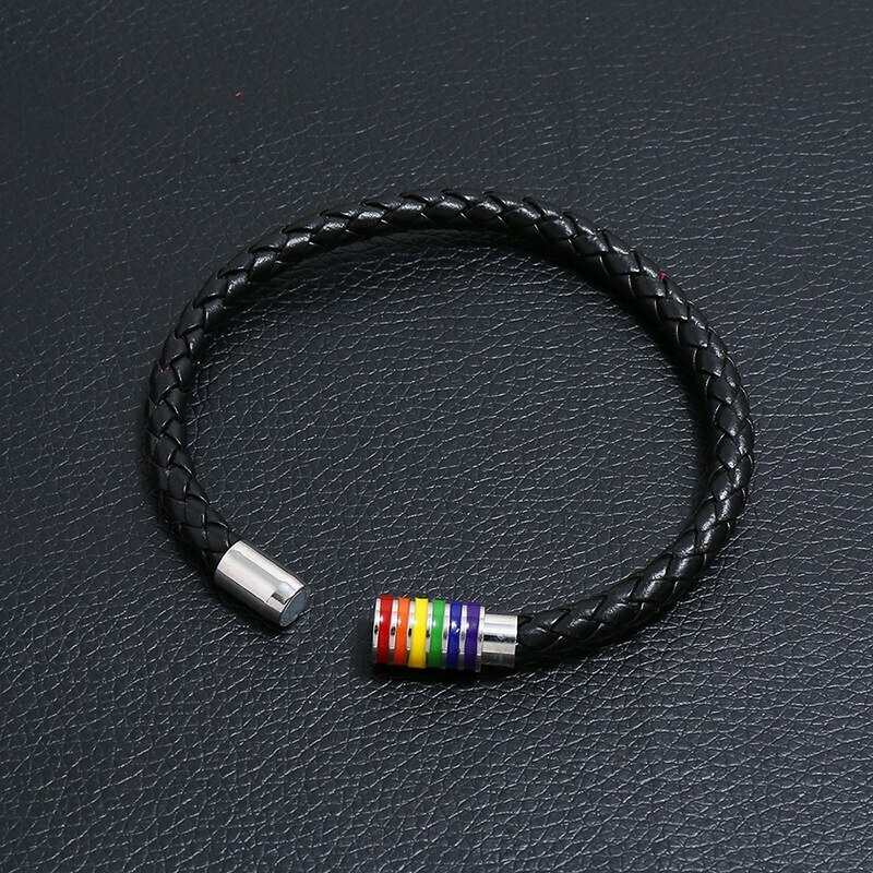 2 Pcs Couple Bracelet Love Leather Braided Magnetic Rainbow Gay LGBT Lover Gift