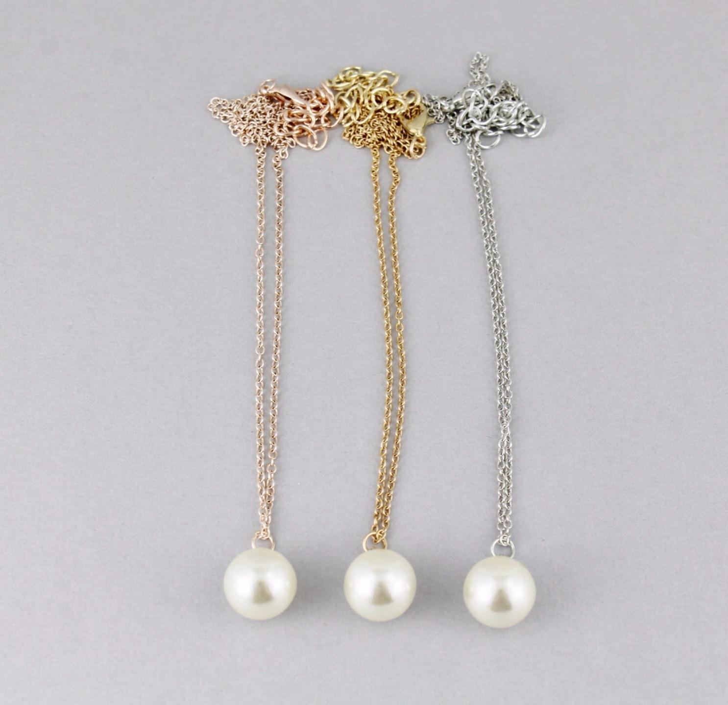 Gold faux pearl necklace pendant 17″ long chain 11 mm white faux pearl bead