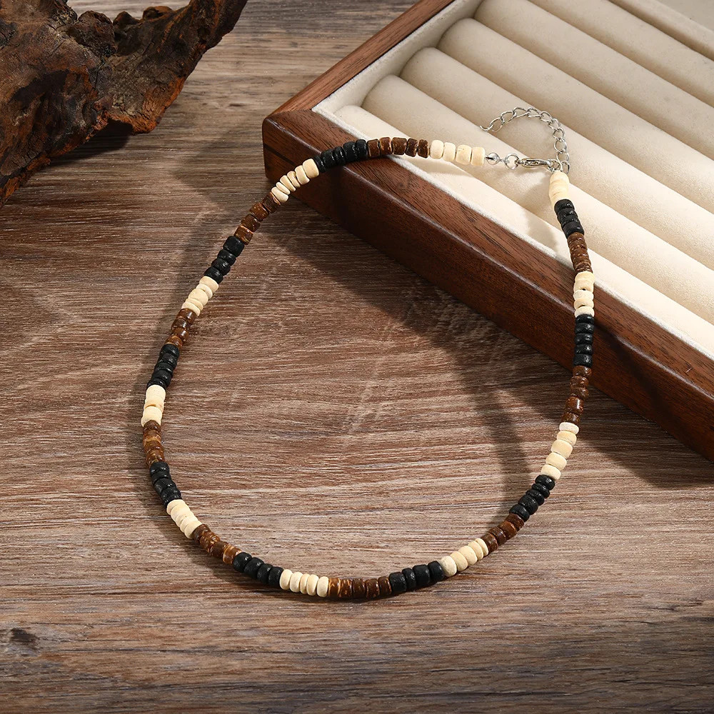 Natural Coconut Wood Necklace 19 Inch Round Bead Rope Chain Men Jewelry
