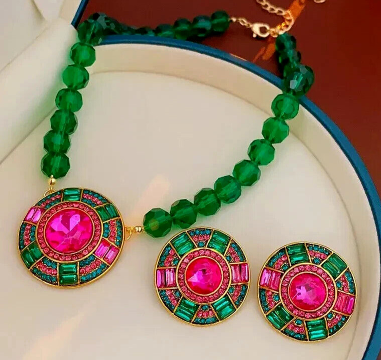 Vibrant Green Pink JEWEL Rhinestone Bead Betsey Johnson Necklace Earrings SET