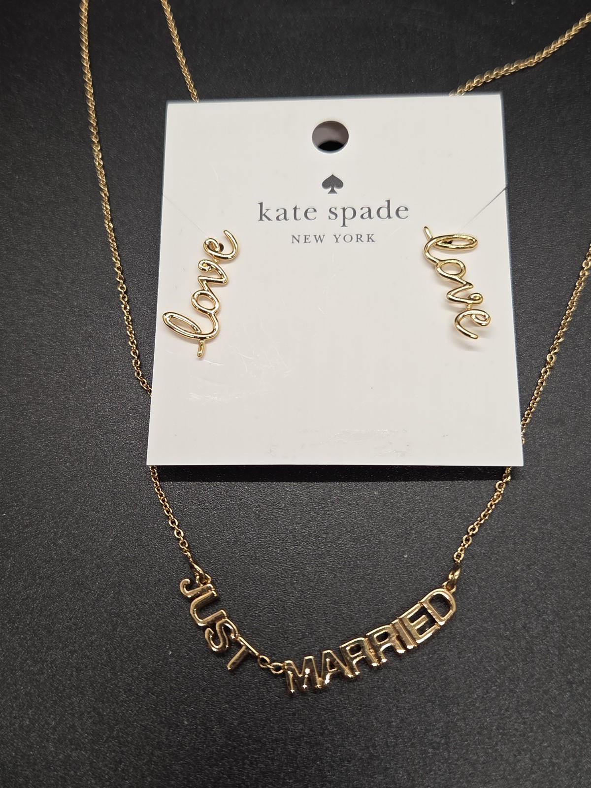 Kate Spade Say Yes “Just Married Necklace NWT “Love” Hook Earrings Gold Tone Lot