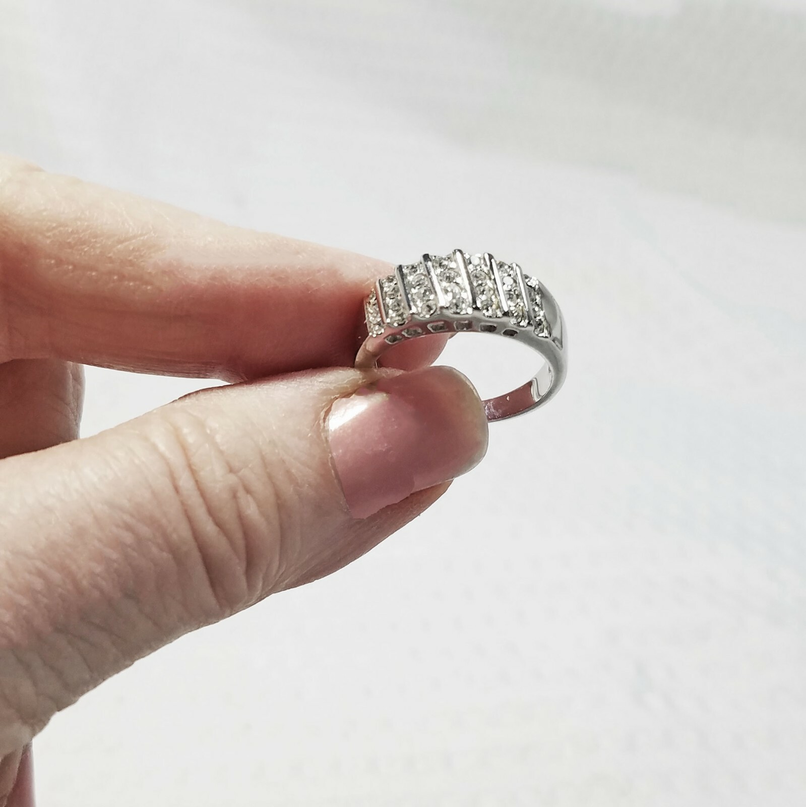 Channel-Set Austrian Crystal and Polished Silver Tone Band Ring