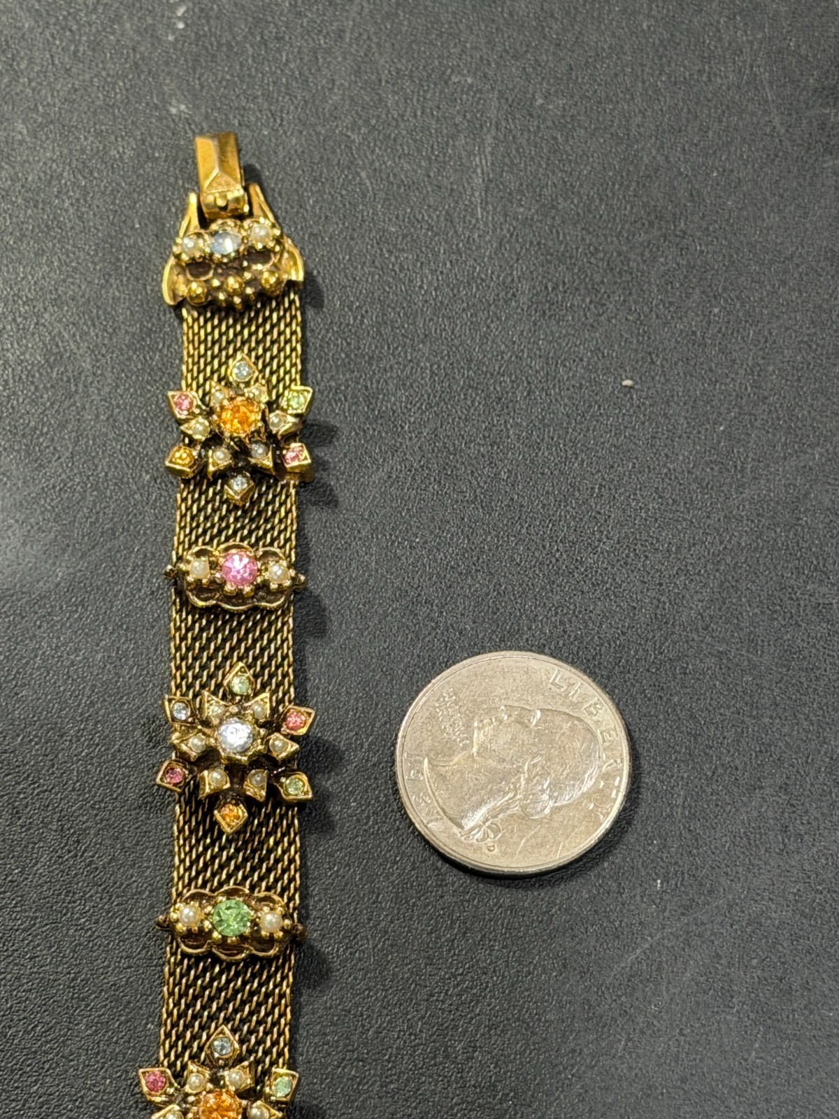 VTG Hollycraft? multicolor rhinestone / pearl mesh gold tone bracelet unsigned