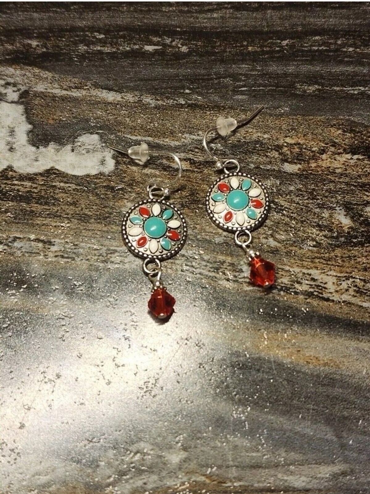 Colorful Circle Dangle Earrings Red Teal White Retro Jewelry